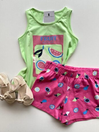 Conjunto Infantil Feminino Regata Verde e Short Estampado Rosa Fernanda Ramos Kids