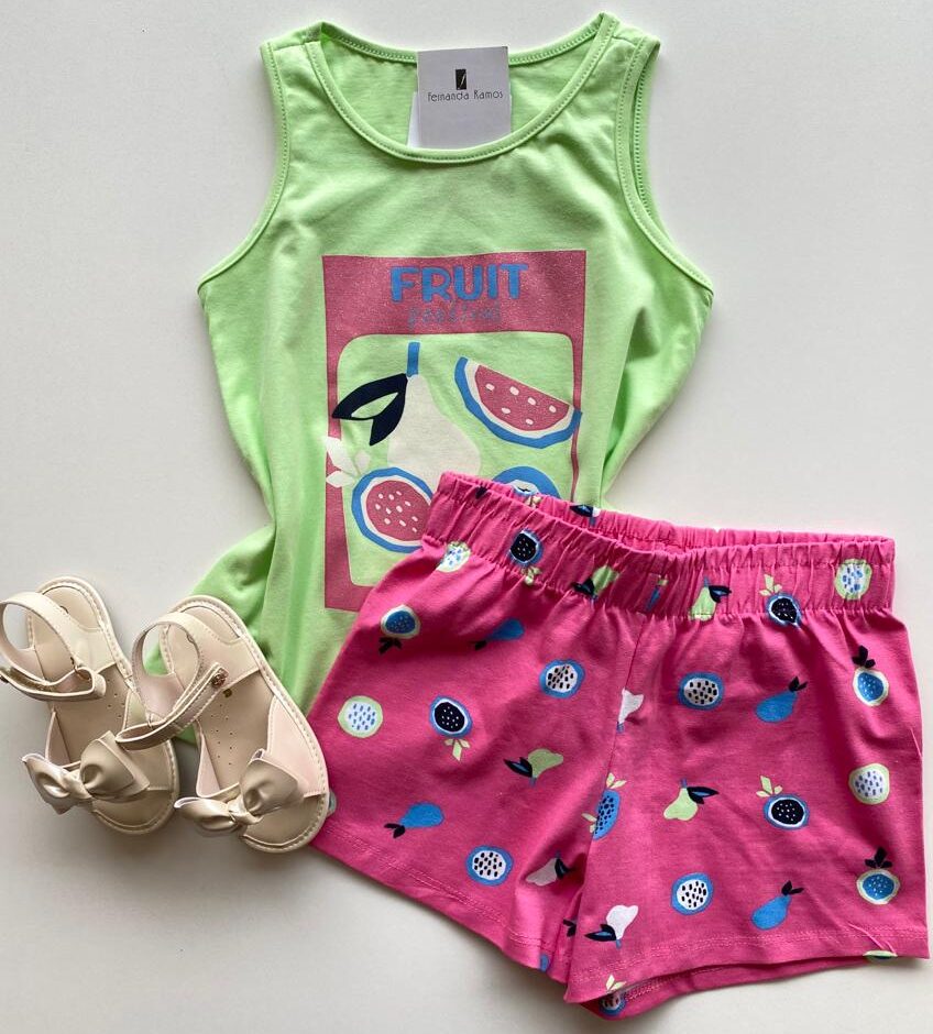 Conjunto Infantil Feminino Regata Verde e Short Estampado Rosa Fernanda Ramos Kids