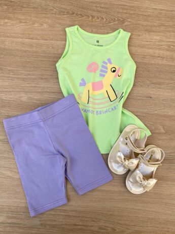 Conjunto Infantil Feminino Regata Verde e Short Lilás Fernanda Ramos Kids