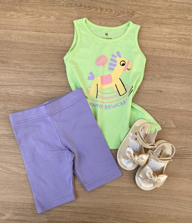 Conjunto Infantil Feminino Regata Verde e Short Lilás Fernanda Ramos Kids