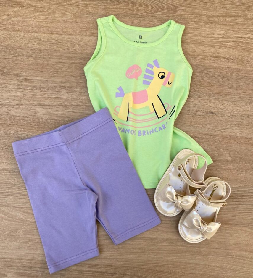 Conjunto Infantil Feminino Regata Verde e Short Lilás Fernanda Ramos Kids