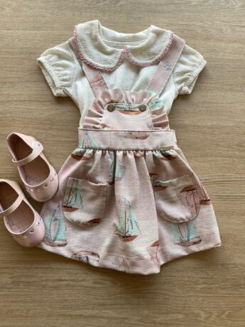Conjunto Infantil Feminino Salopete Detalhes em Fios Prata Blusa Linho Fernanda ramos kids