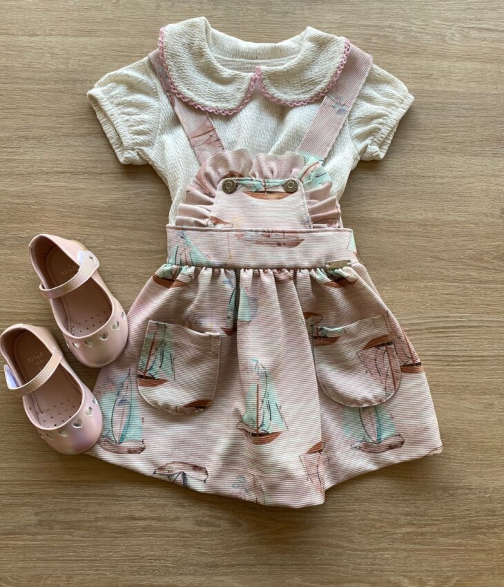 Conjunto Infantil Feminino Salopete Detalhes em Fios Prata Blusa Linho Fernanda ramos kids