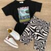 Conjunto Infantil Feminino T-shirt Manga Curta Preta e Bermuda Estampa Zebra Fernanda Ramos Kids