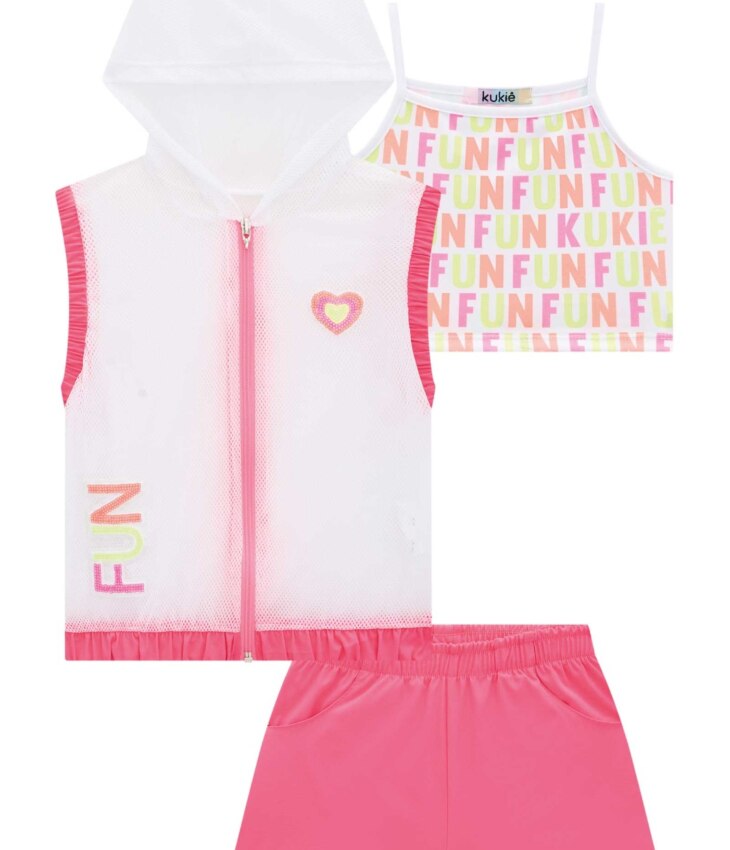 Conjunto Infantil Feminino Top Alça, Colete e Short Pink Flúor Fernanda Ramos Kids