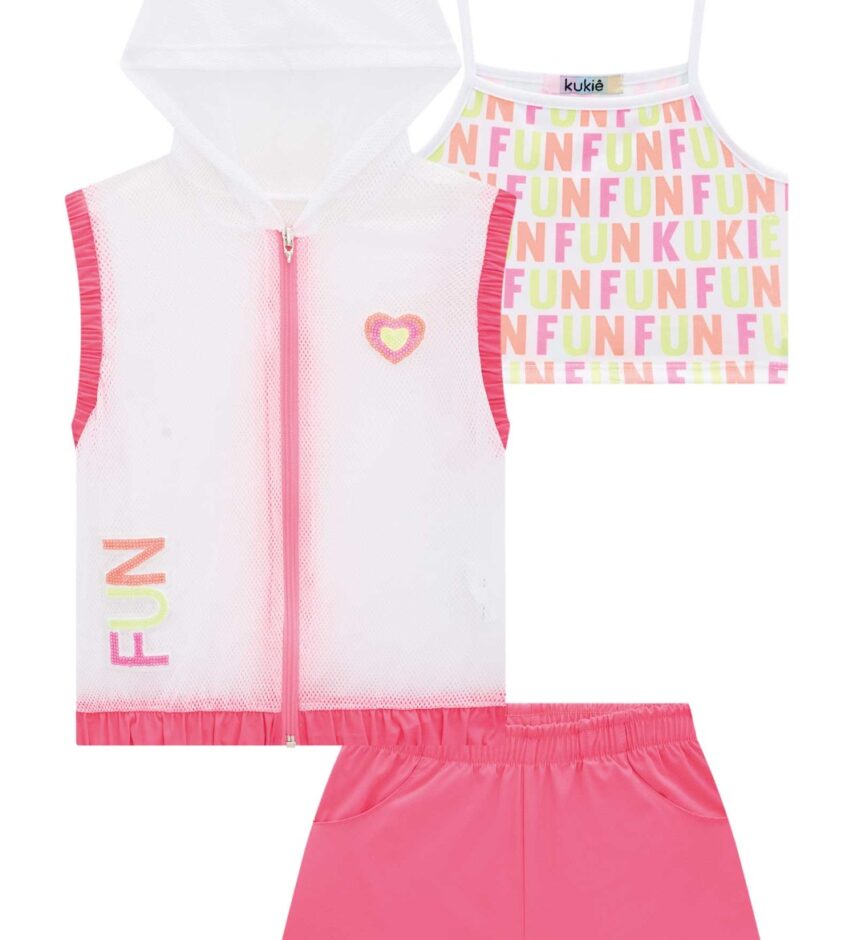 Conjunto Infantil Feminino Top Alça, Colete e Short Pink Flúor Fernanda Ramos Kids