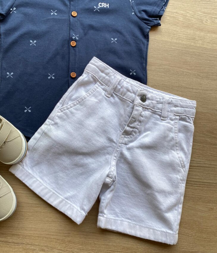 fernandaramoskids com br Conjunto Infantil Masculino Camisa Azul Bermuda Jeans Branca 1