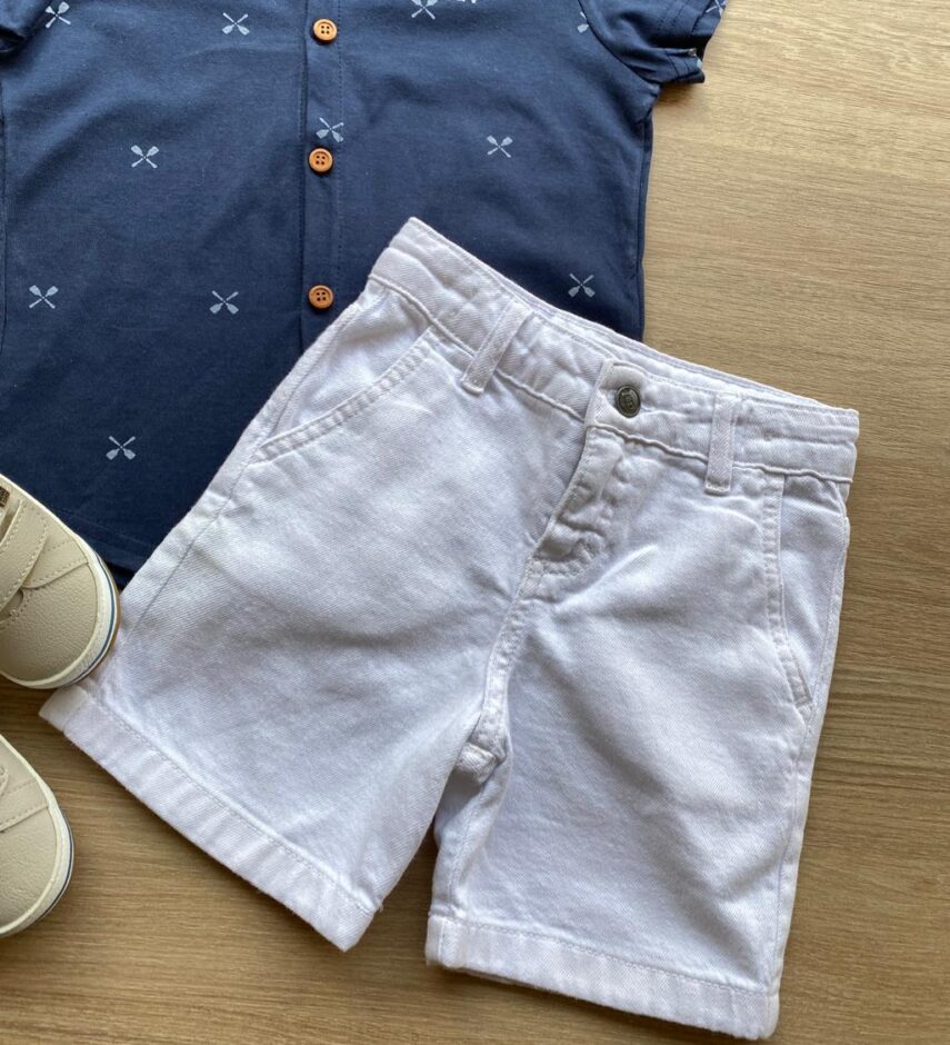 fernandaramoskids com br Conjunto Infantil Masculino Camisa Azul Bermuda Jeans Branca 1