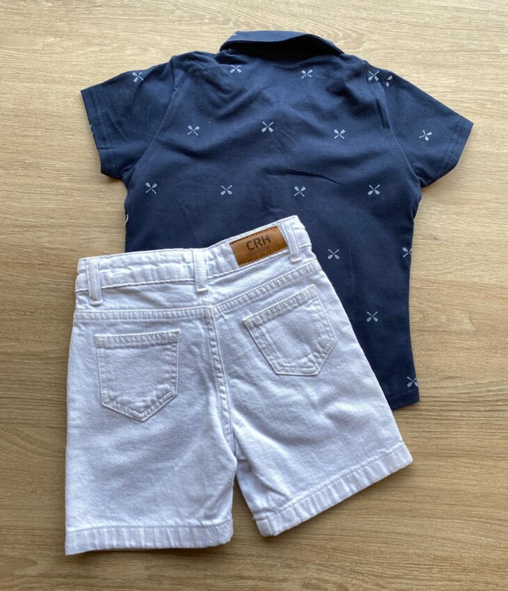 fernandaramoskids com br Conjunto Infantil Masculino Camisa Azul Bermuda Jeans Branca 2