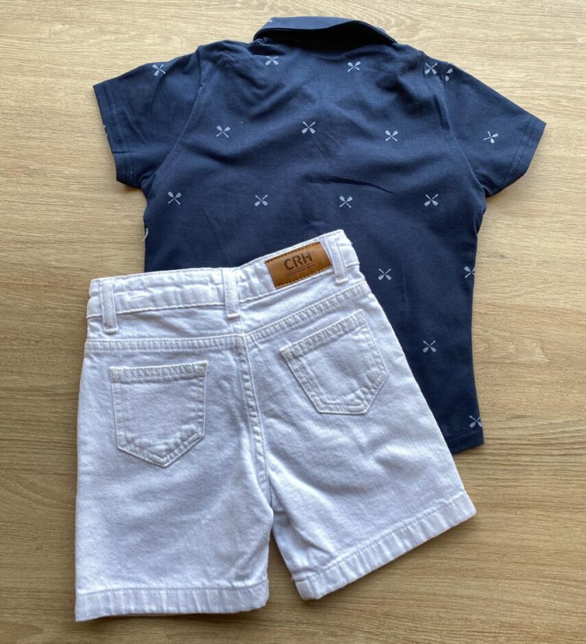 fernandaramoskids com br Conjunto Infantil Masculino Camisa Azul Bermuda Jeans Branca 2