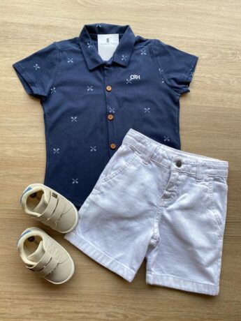 Conjunto Infantil Masculino Camisa Azul Bermuda Jeans Branca Fernanda Ramos Kids