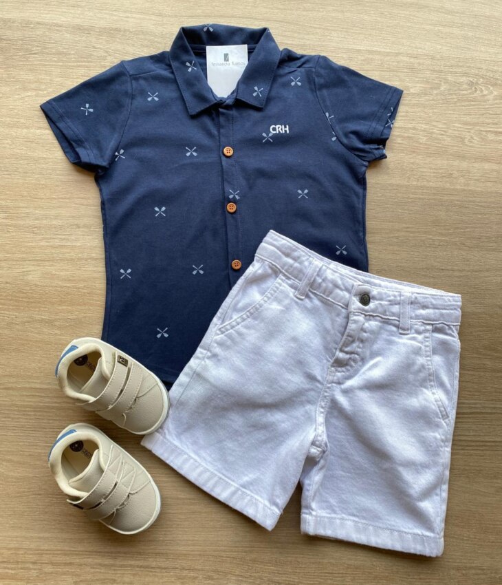 Conjunto Infantil Masculino Camisa Azul Bermuda Jeans Branca Fernanda Ramos Kids