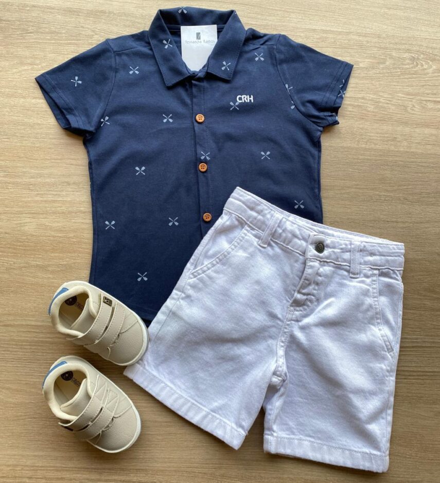 Conjunto Infantil Masculino Camisa Azul Bermuda Jeans Branca Fernanda Ramos Kids