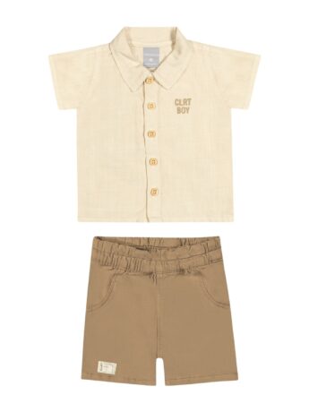 Conjunto Infantil Masculino Camisa Cru Bermuda Bege Fernanda Ramos Kids