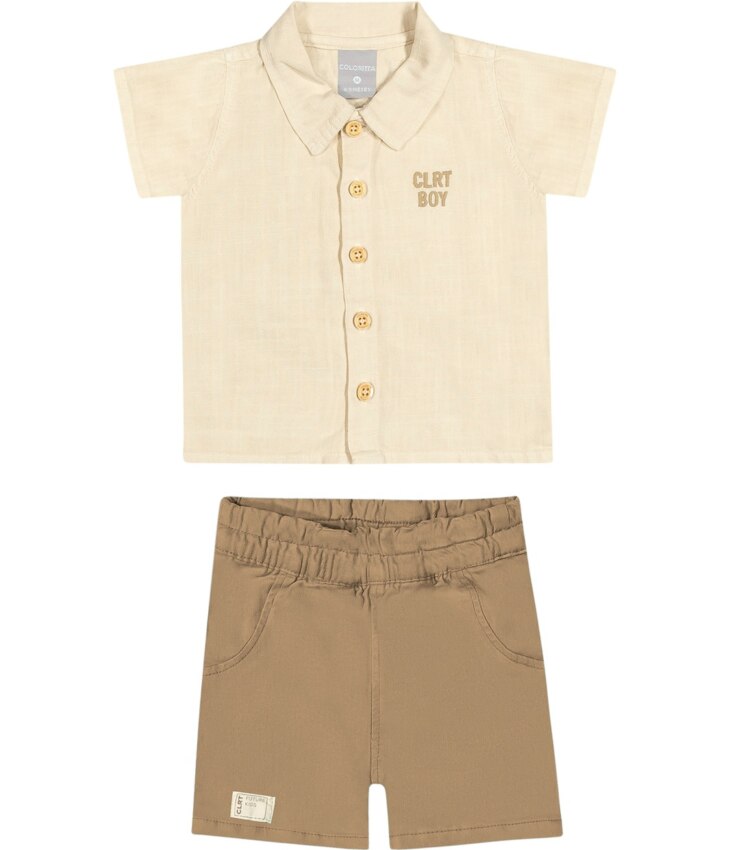 Conjunto Infantil Masculino Camisa Cru Bermuda Bege Fernanda Ramos Kids