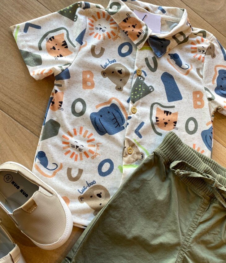 fernandaramoskids com br Conjunto Infantil Masculino Camisa Estampada Bermuda Verde 1
