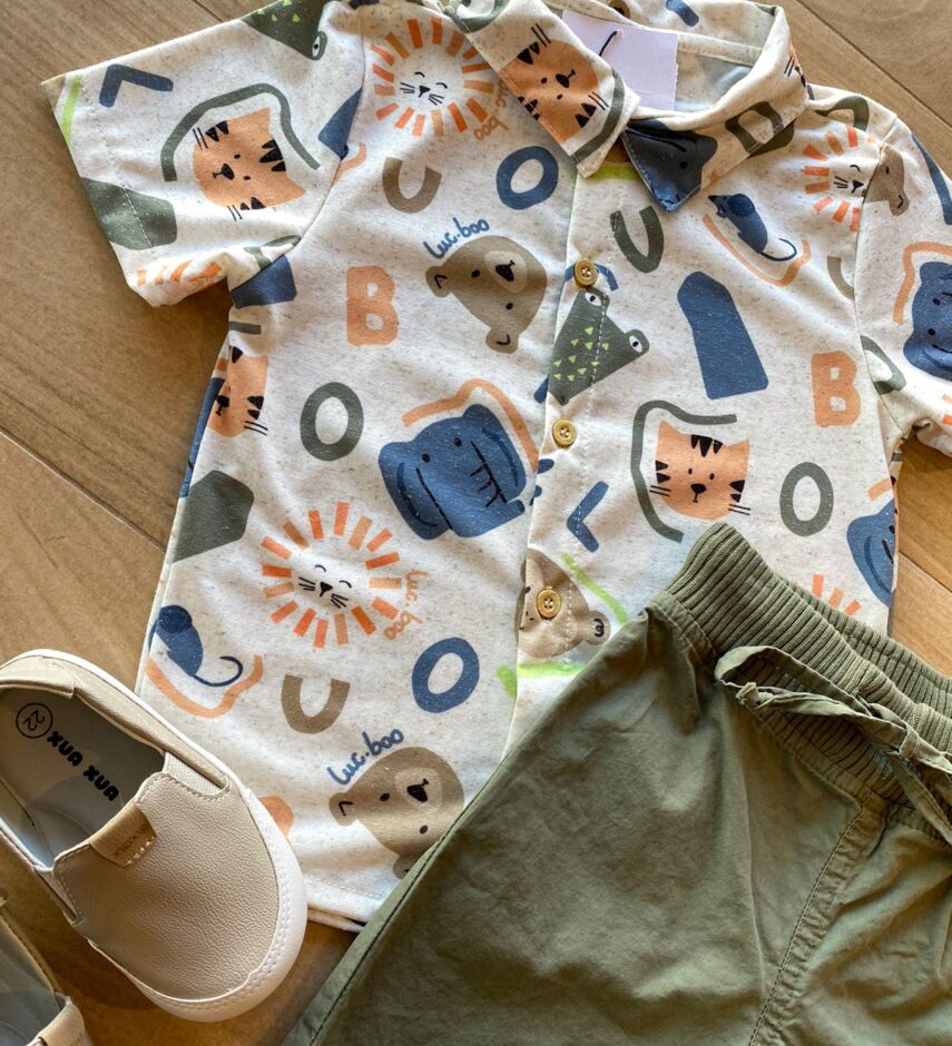 fernandaramoskids com br Conjunto Infantil Masculino Camisa Estampada Bermuda Verde 1