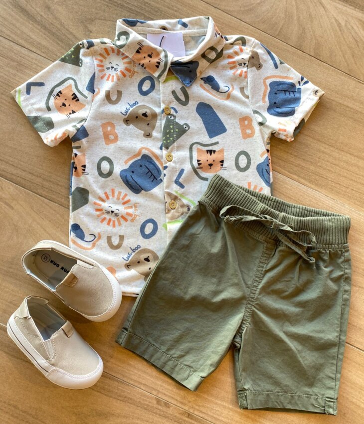 Conjunto Infantil Masculino Camisa Estampada Bermuda Verde Fernanda Ramos Kids