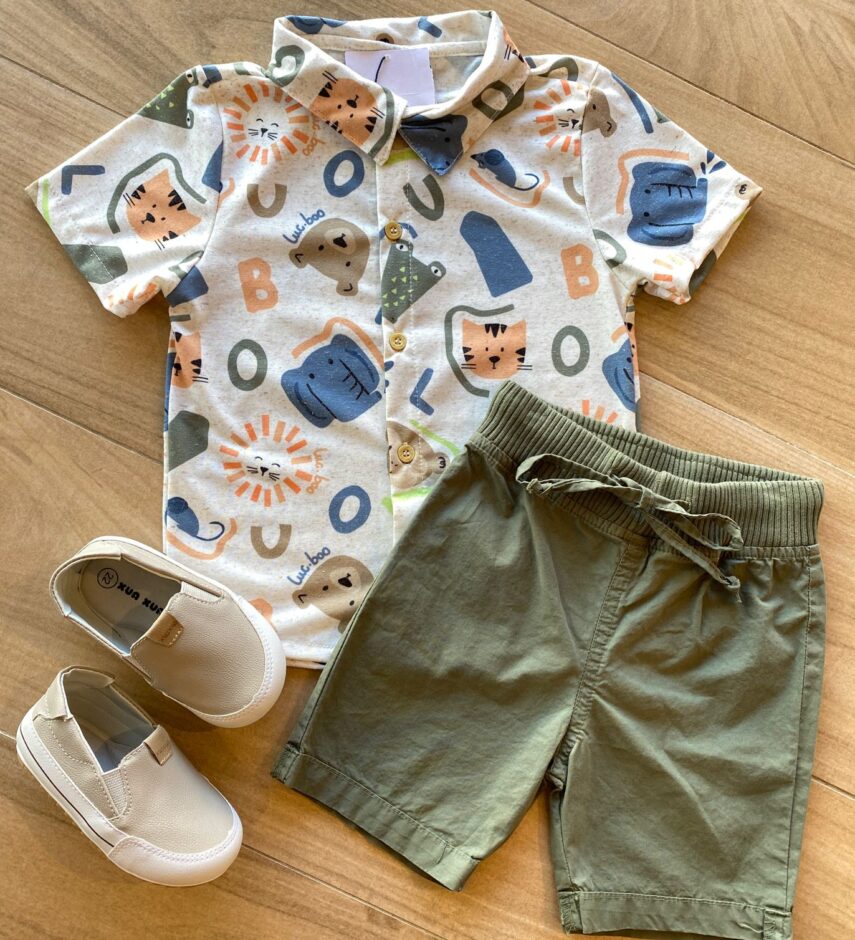 Conjunto Infantil Masculino Camisa Estampada Bermuda Verde Fernanda Ramos Kids