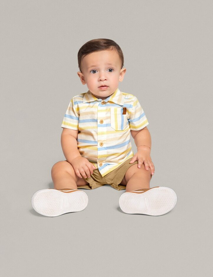 Conjunto Infantil Masculino Camisa Tricoline Bermuda Marrom Fernanda Ramos Kids