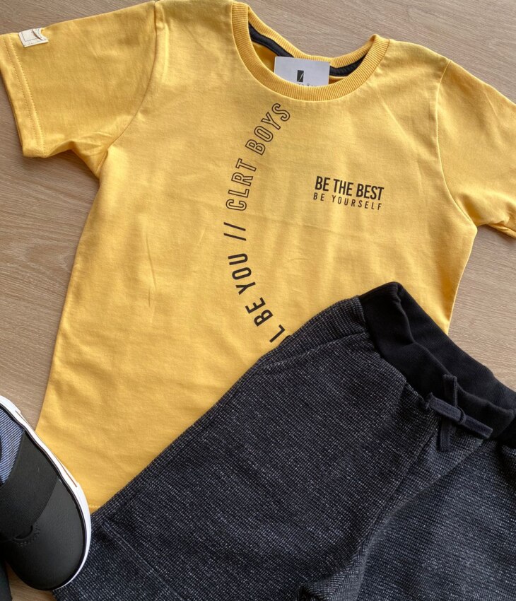 fernandaramoskids com br Conjunto Infantil Masculino Camiseta Amarela e Bermuda Preta 1