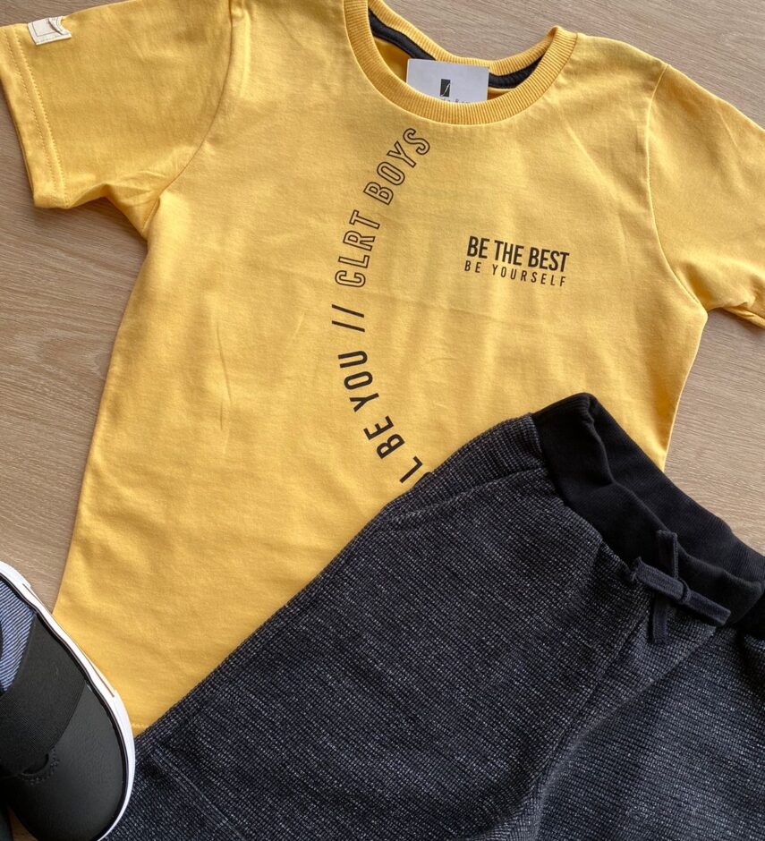 fernandaramoskids com br Conjunto Infantil Masculino Camiseta Amarela e Bermuda Preta 1
