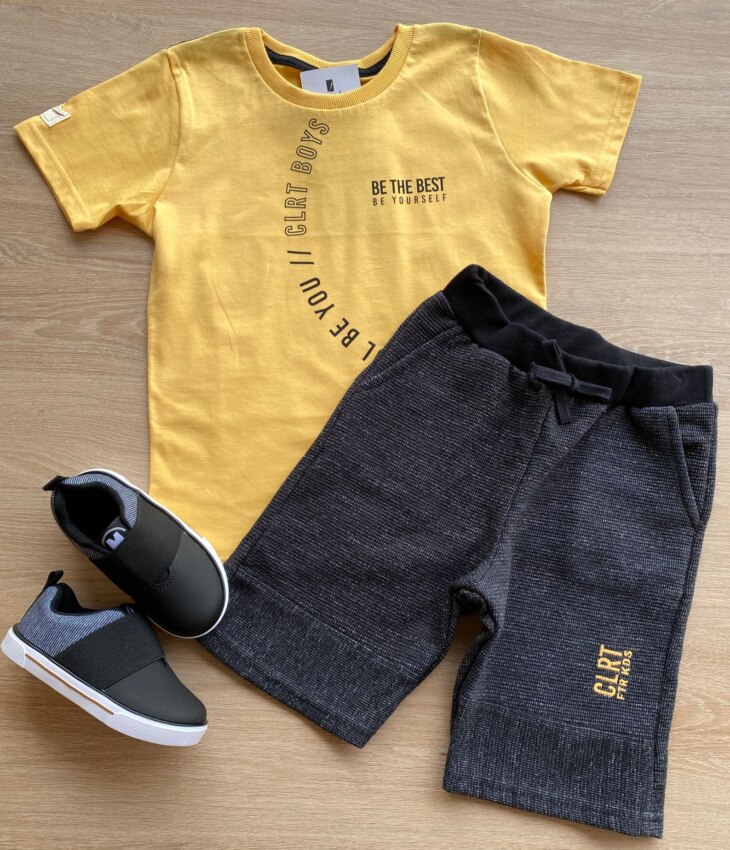 Conjunto Infantil Masculino Camiseta Amarela e Bermuda Preta Fernanda Ramos Kids