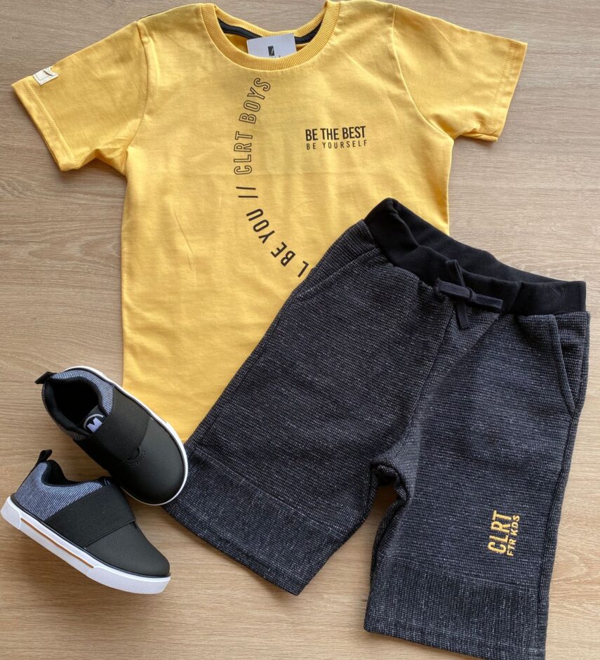 Conjunto Infantil Masculino Camiseta Amarela e Bermuda Preta Fernanda Ramos Kids