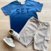 Conjunto Infantil Masculino Camiseta Azul Set e Bermuda Bege Fernanda Ramos Kids