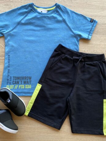 Conjunto Infantil Masculino Camiseta Azul e Bermuda Preta Fernanda Ramos Store