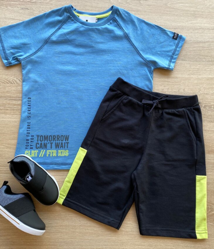 Conjunto Infantil Masculino Camiseta Azul e Bermuda Preta Fernanda Ramos Store