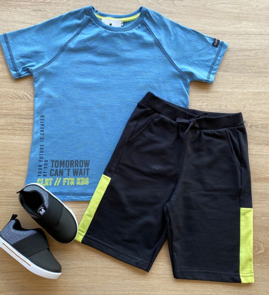 Conjunto Infantil Masculino Camiseta Azul e Bermuda Preta Fernanda Ramos Store