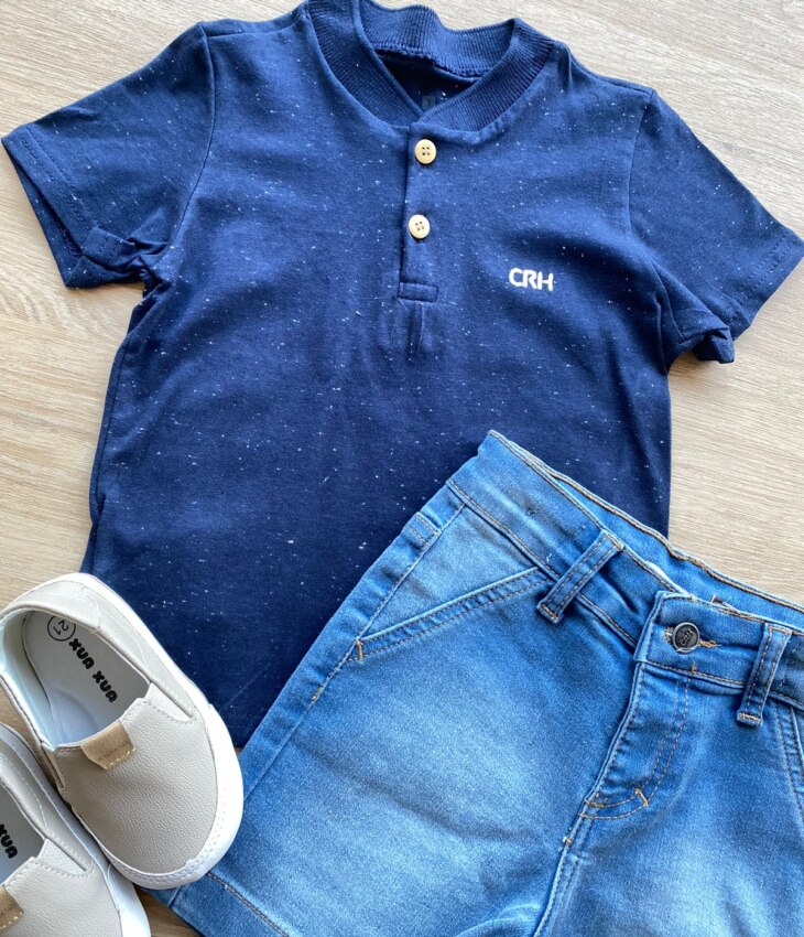 fernandaramoskids com br Conjunto Infantil Masculino Camiseta Azul Marinho e Bermuda Jeans 1