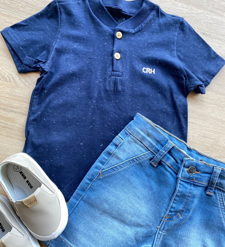 fernandaramoskids com br Conjunto Infantil Masculino Camiseta Azul Marinho e Bermuda Jeans 1