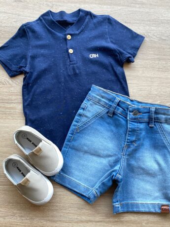 Conjunto Infantil Masculino Camiseta Azul Marinho e Bermuda Jeans Fernanda Ramos Kids