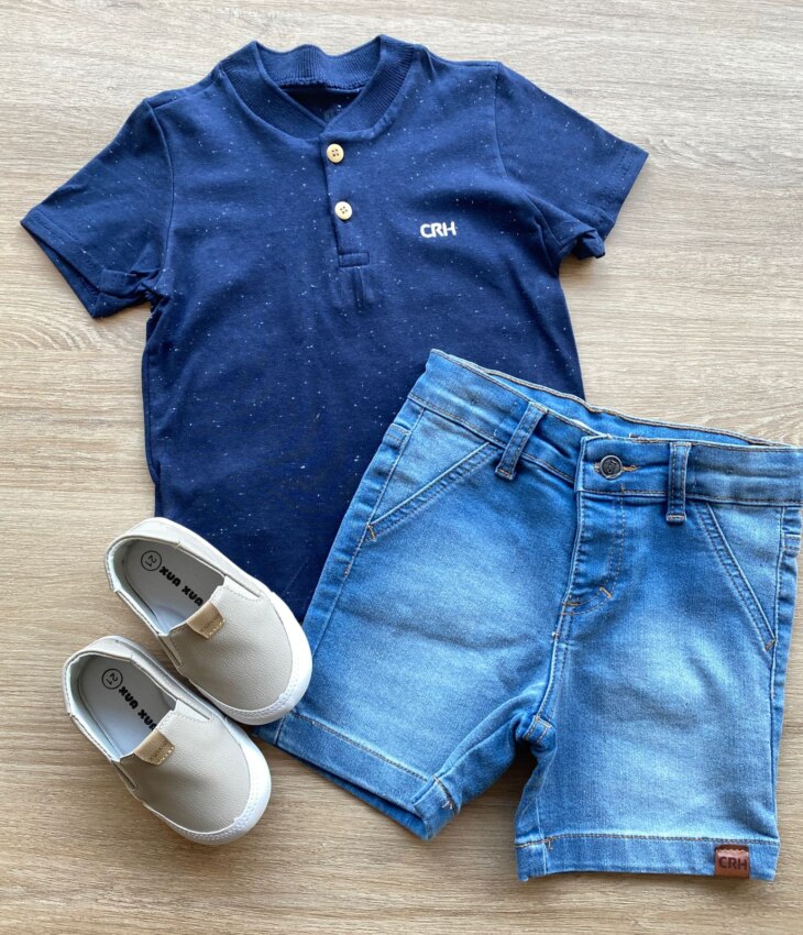 Conjunto Infantil Masculino Camiseta Azul Marinho e Bermuda Jeans Fernanda Ramos Kids