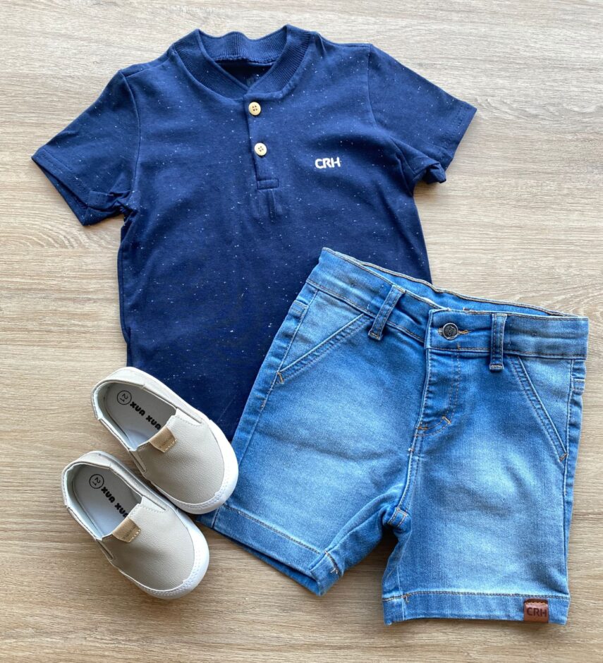 Conjunto Infantil Masculino Camiseta Azul Marinho e Bermuda Jeans Fernanda Ramos Kids