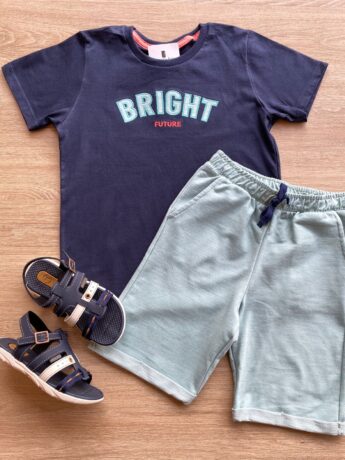 Conjunto Infantil Masculino Camiseta Azul Marinho e Bermuda Verde Fernanda Ramos Kids