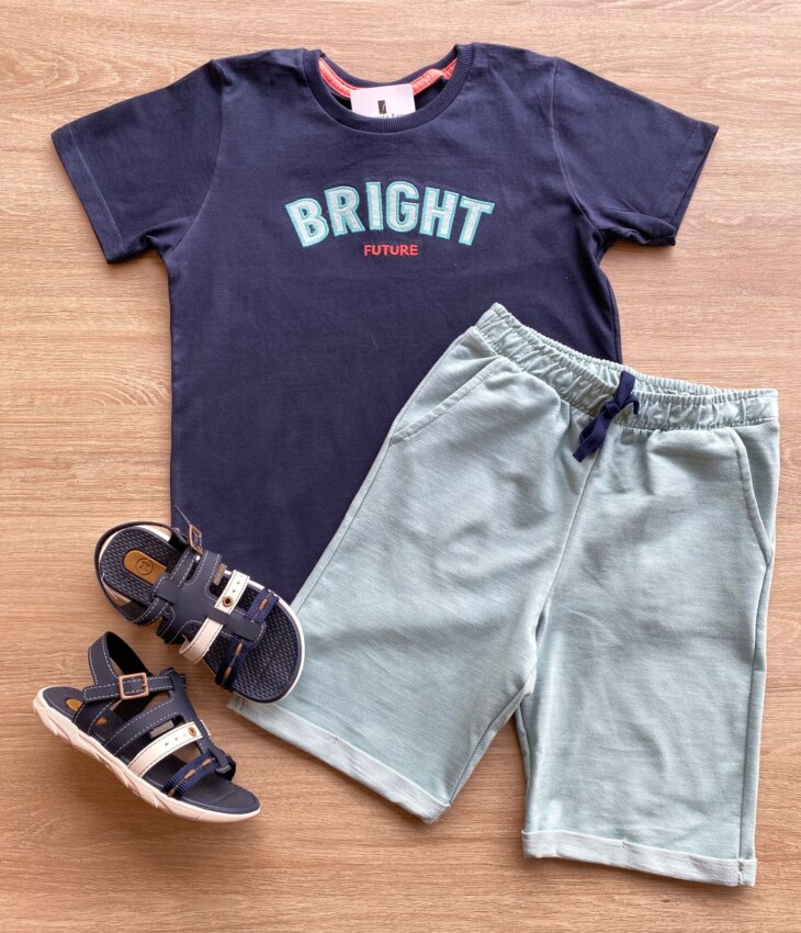 Conjunto Infantil Masculino Camiseta Azul Marinho e Bermuda Verde Fernanda Ramos Kids