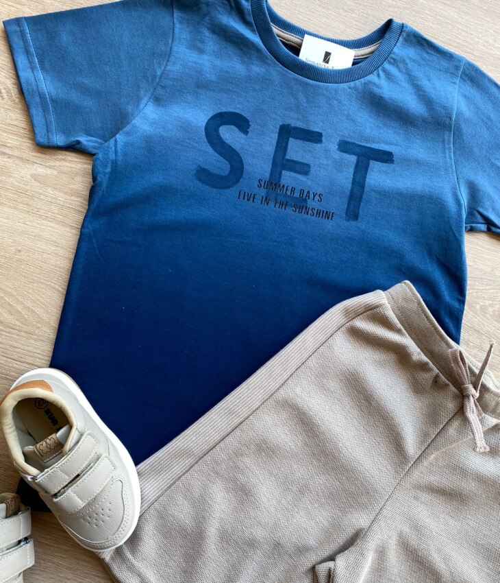 fernandaramoskids com br Conjunto Infantil Masculino Camiseta Azul e Bermuda Bege 1