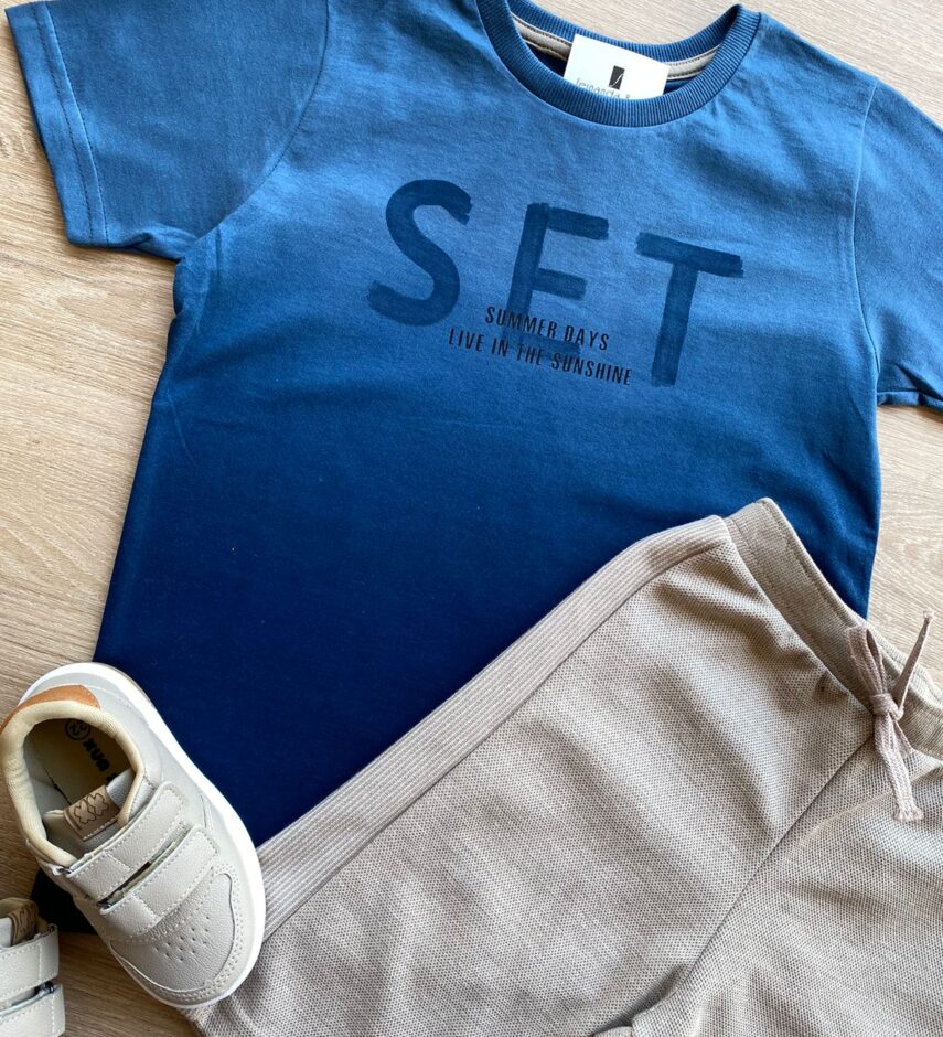 fernandaramoskids com br Conjunto Infantil Masculino Camiseta Azul e Bermuda Bege 1
