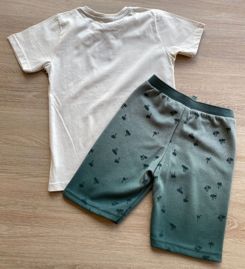fernandaramoskids com br Conjunto Infantil Masculino Camiseta Bege e Short Coqueiros Verde 2