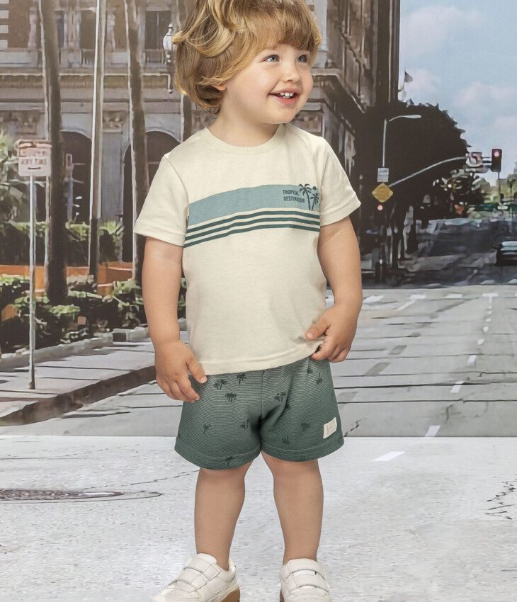 Conjunto Infantil Masculino Camiseta Bege e Short Coqueiros Verde Fernanda ramos kids