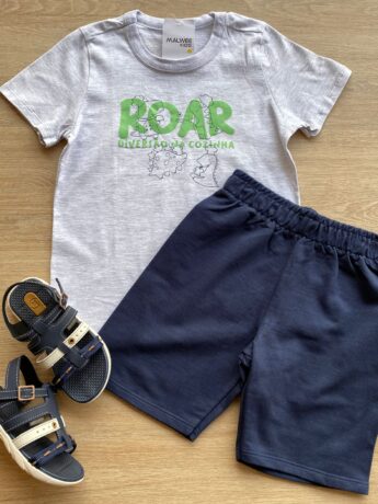 Conjunto Infantil Masculino Camiseta Cinza e Bermuda Azul Marinho Fernanda Ramos Kids