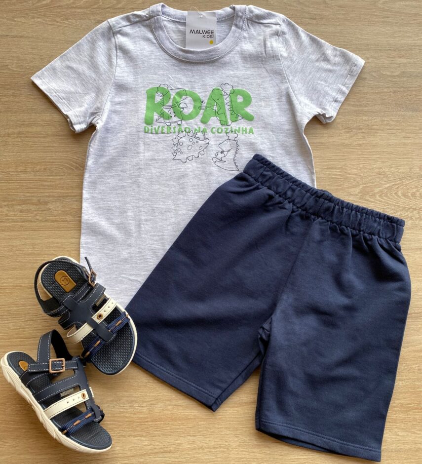 Conjunto Infantil Masculino Camiseta Cinza e Bermuda Azul Marinho Fernanda Ramos Kids