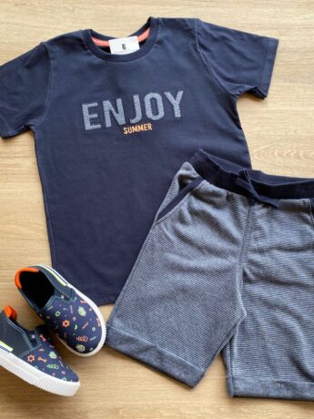 Conjunto Infantil Masculino Camiseta Enjoy e Bermuda Azul Marinho Fernanda Ramos Kids