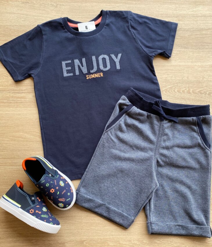 Conjunto Infantil Masculino Camiseta Enjoy e Bermuda Azul Marinho Fernanda Ramos Kids