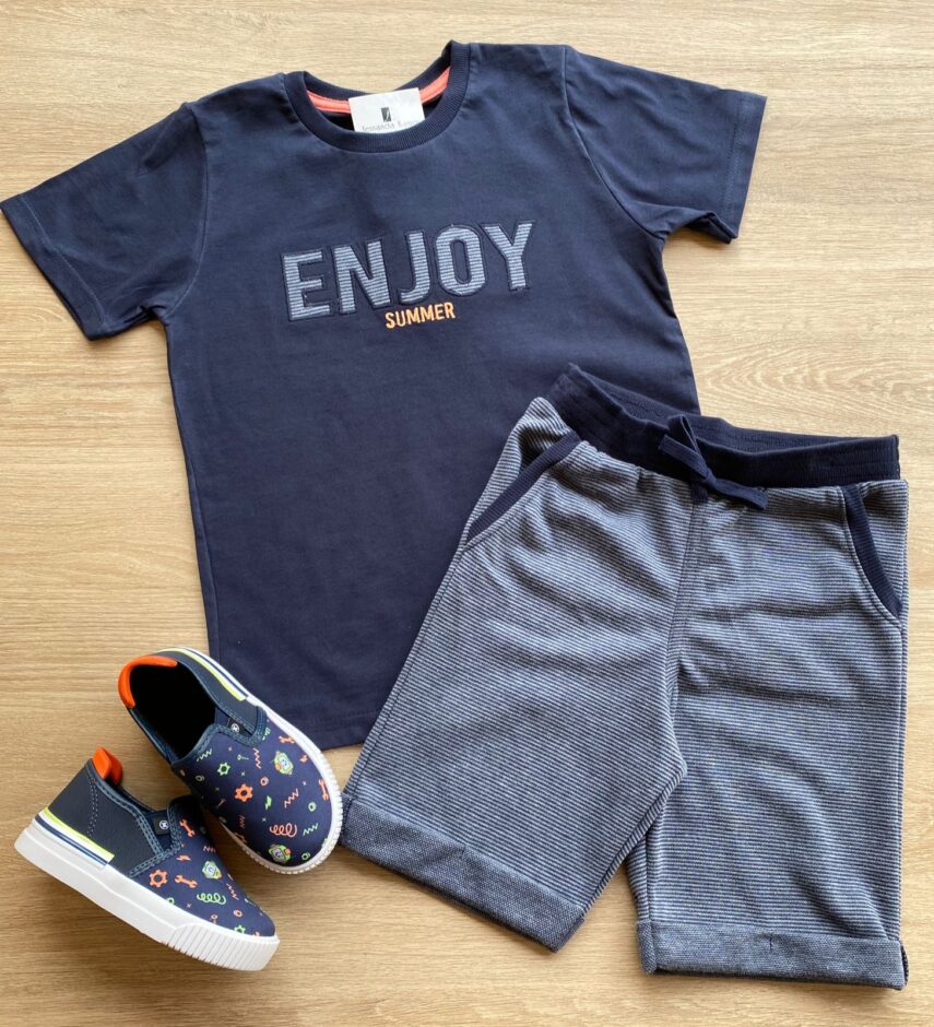 Conjunto Infantil Masculino Camiseta Enjoy e Bermuda Azul Marinho Fernanda Ramos Kids