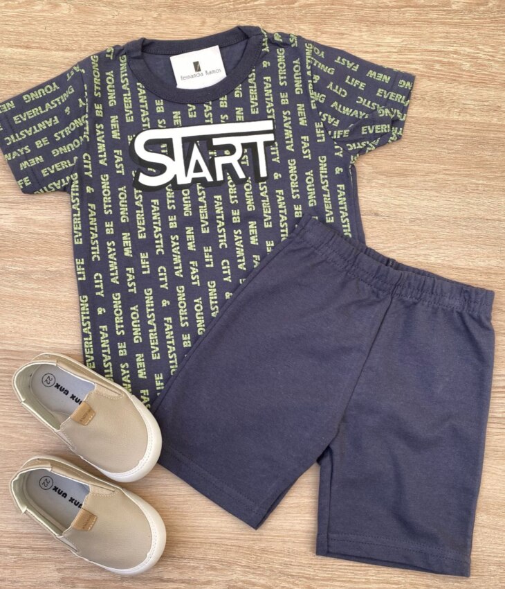Conjunto Infantil Masculino Camiseta Estampa Start e Bermuda Azul Fernanda Ramos Kids