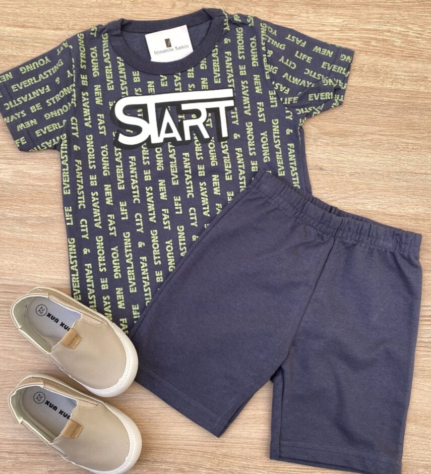 Conjunto Infantil Masculino Camiseta Estampa Start e Bermuda Azul Fernanda Ramos Kids
